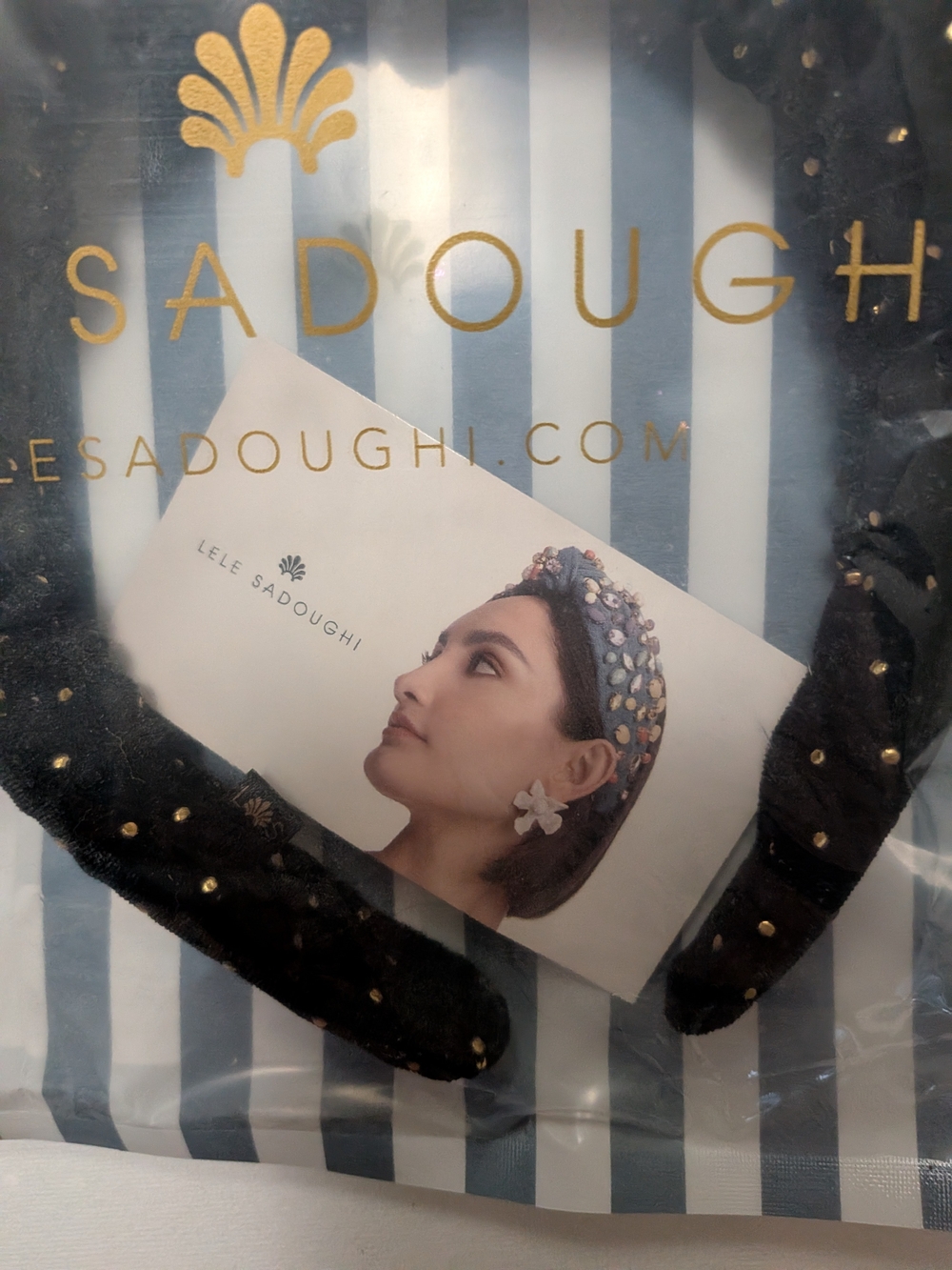 Lele Sadoughi Black Headband with Gold Bead Accents